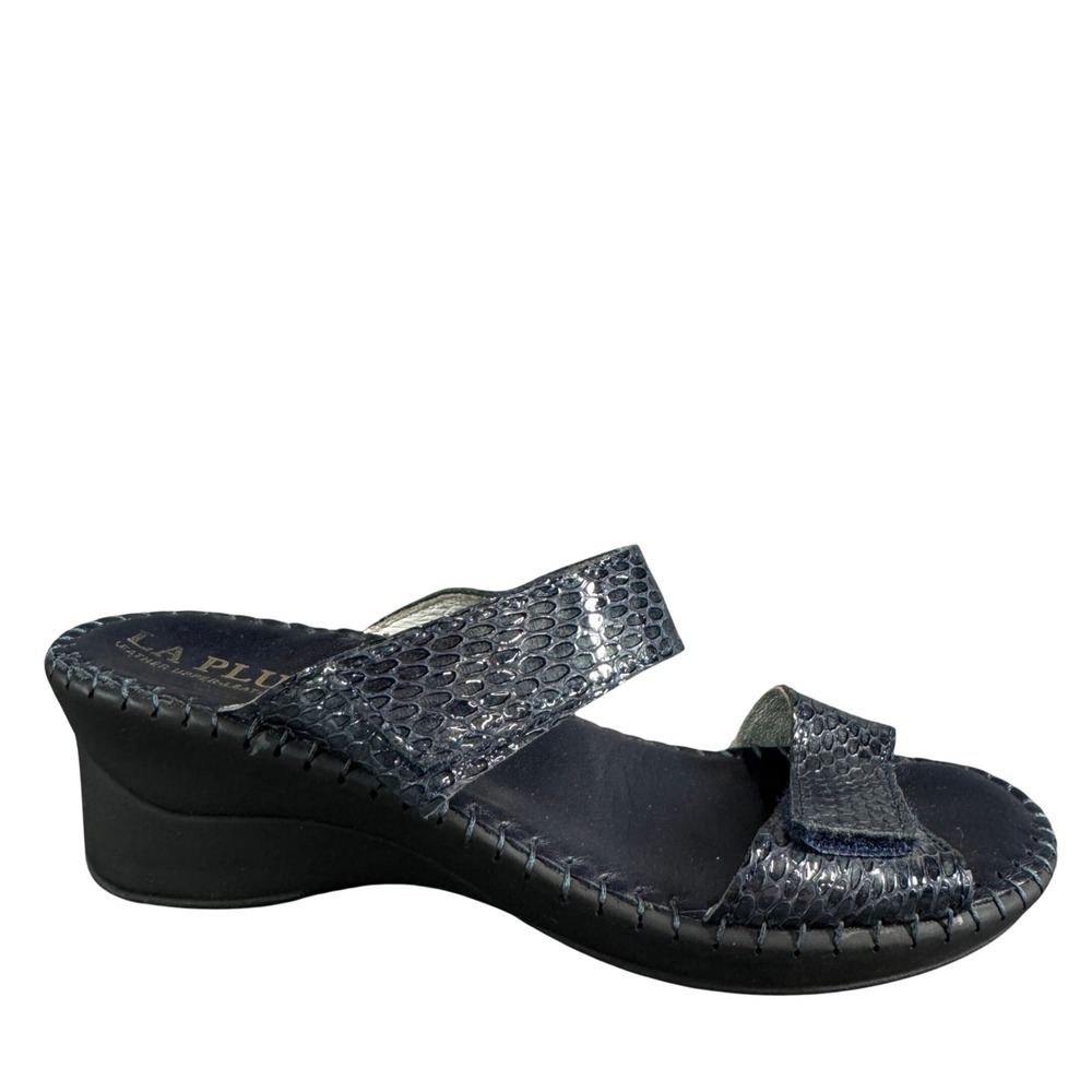 La Plume Navy Blue Snakeskin Leather Wedge Sandals Women 36 Adjustable Straps